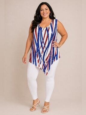 Sequin Stripe Sleeveless Tank Top - White, Blue & Red